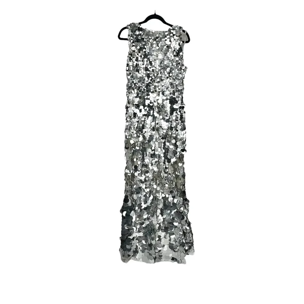 Mac Duggal Embellished Disc Sequin Sleeveless Gown Dress Silver Size 10 NWT - Picture 6 of 12